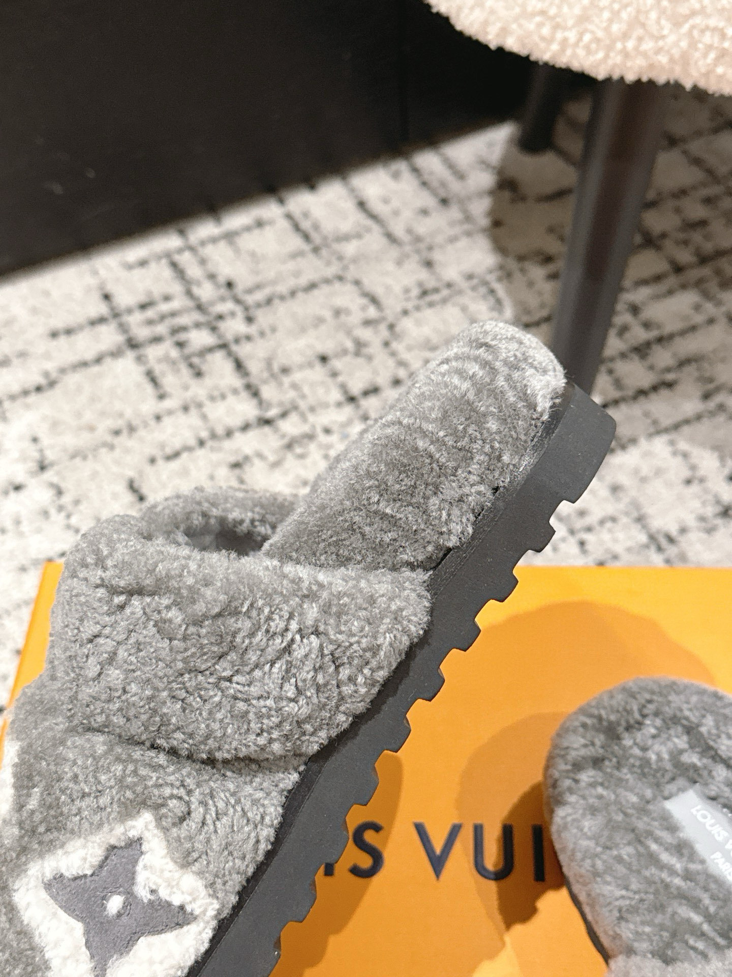 Luxury Grey Shearling LV Monogram Comfort Flat Slides