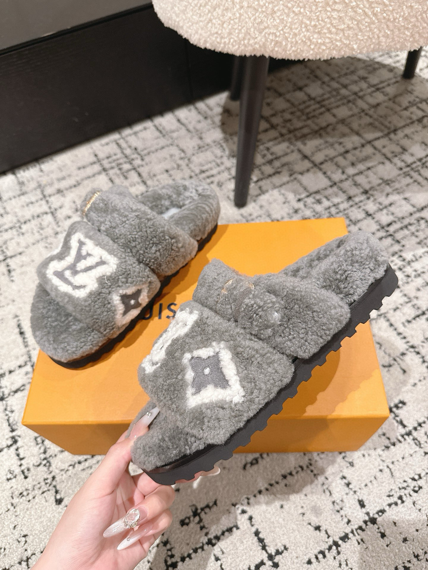 Luxury Grey Shearling LV Monogram Comfort Flat Slides