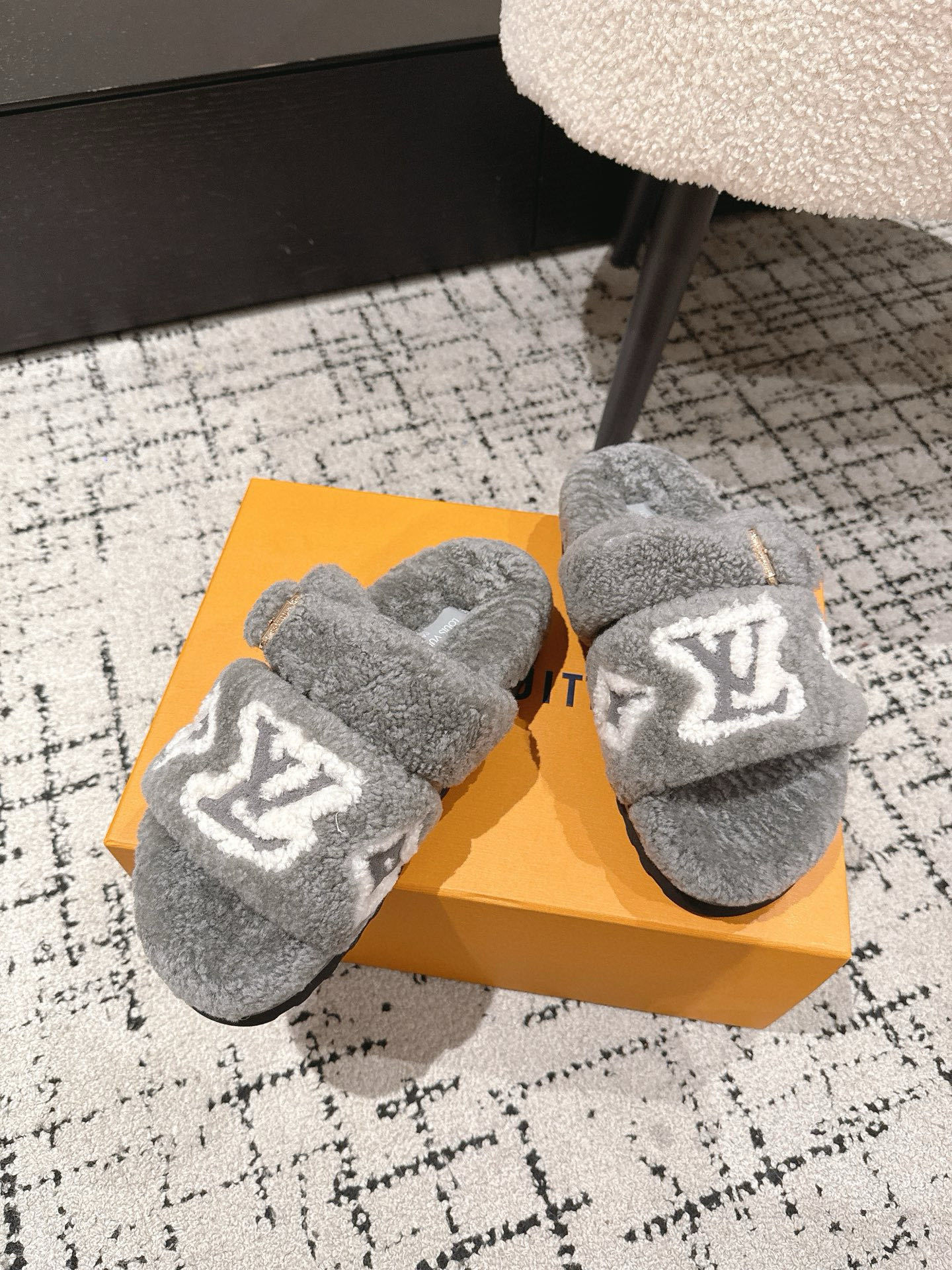 Luxury Grey Shearling LV Monogram Comfort Flat Slides