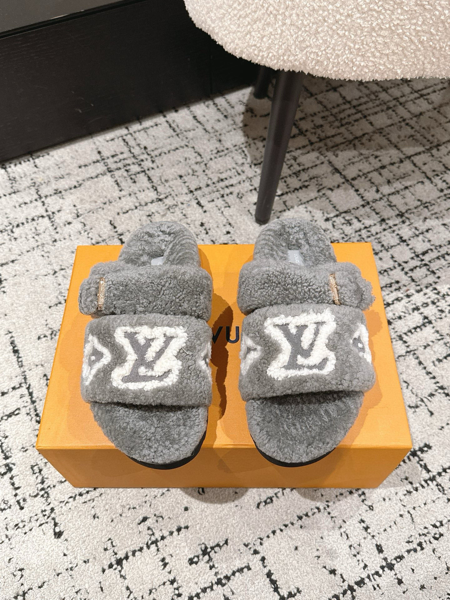 Luxury Grey Shearling LV Monogram Comfort Flat Slides
