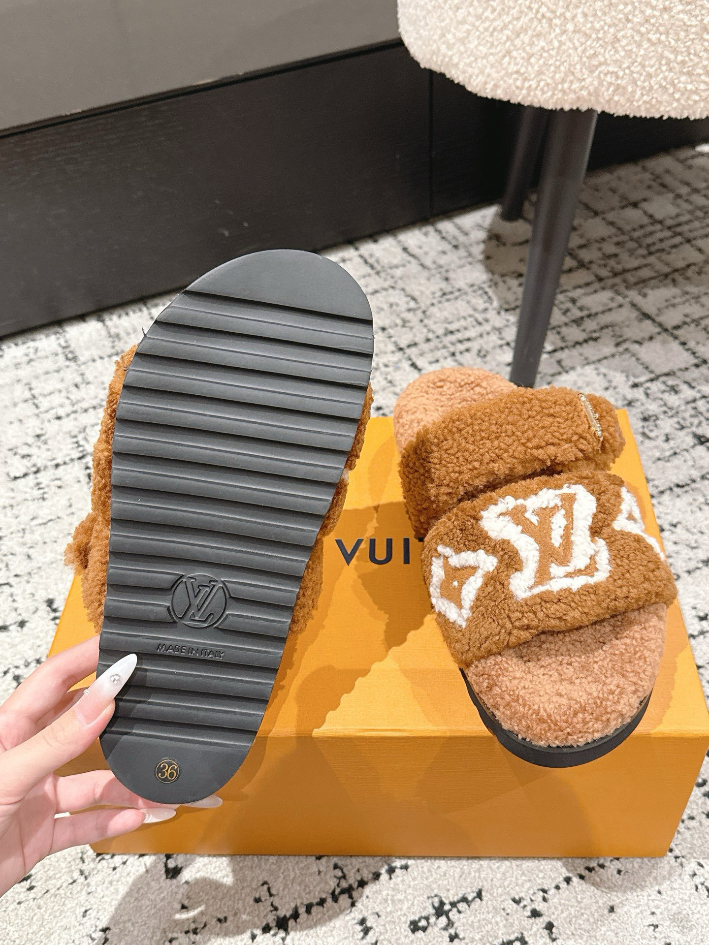 Louis Vuitton Monogram Shearling Comfort Slides in Camel Brown