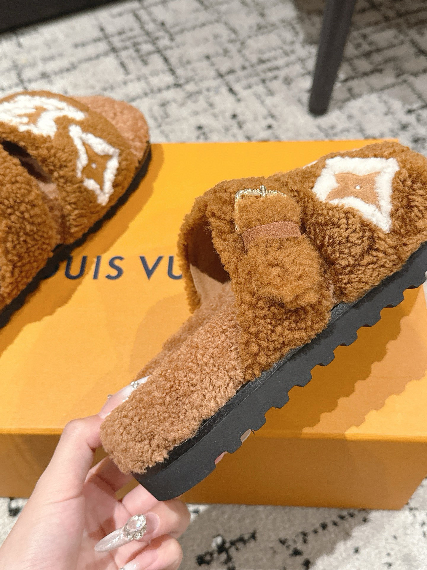 Louis Vuitton Monogram Shearling Comfort Slides in Camel Brown