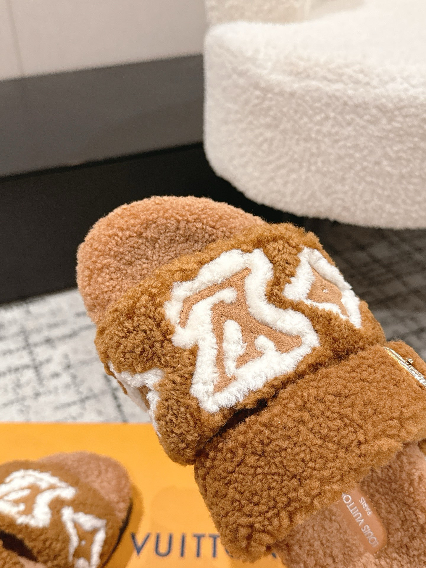 Louis Vuitton Monogram Shearling Comfort Slides in Camel Brown