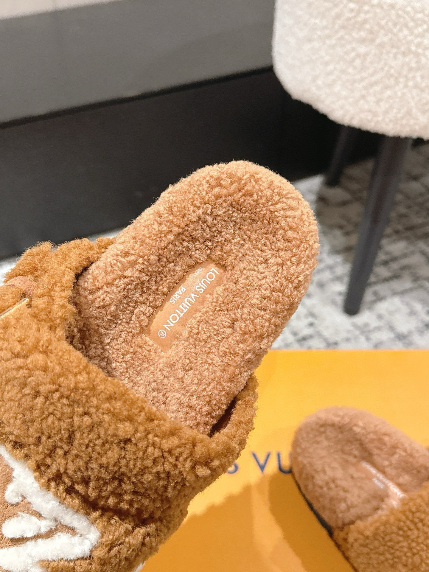 Louis Vuitton Monogram Shearling Comfort Slides in Camel Brown