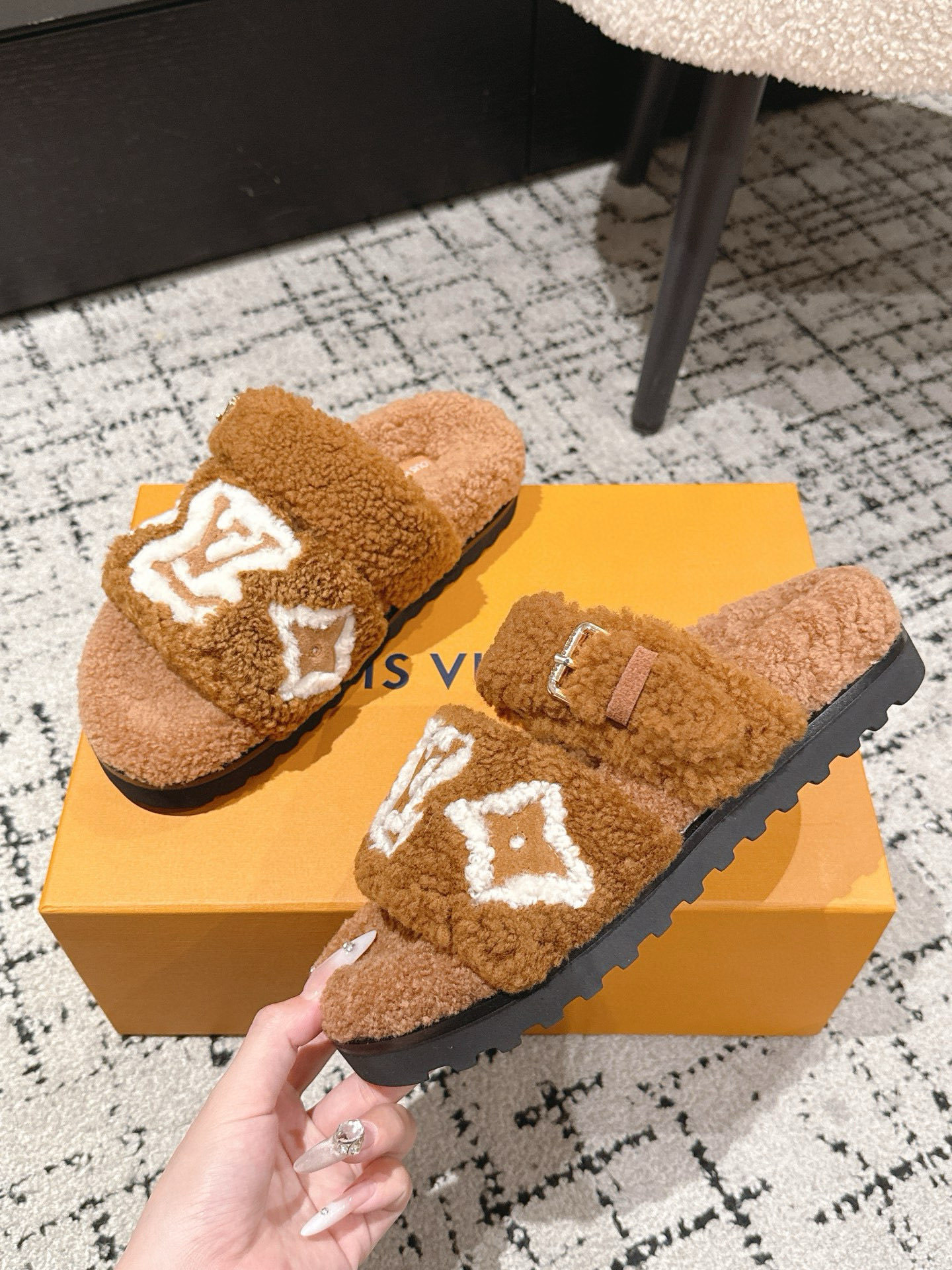Louis Vuitton Monogram Shearling Comfort Slides in Camel Brown