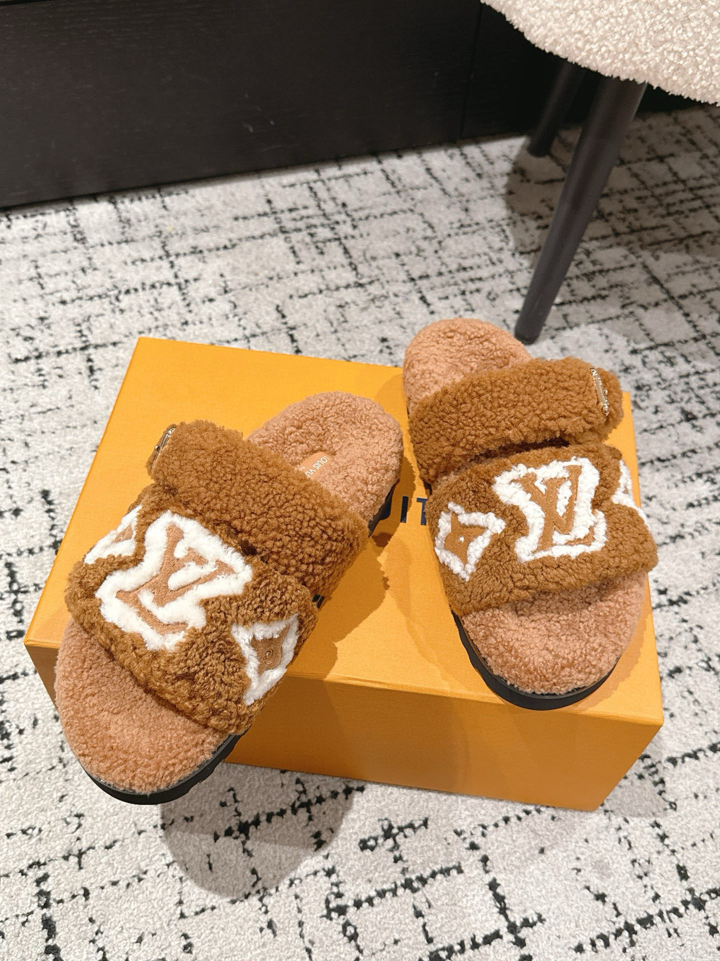 Louis Vuitton Monogram Shearling Comfort Slides in Camel Brown