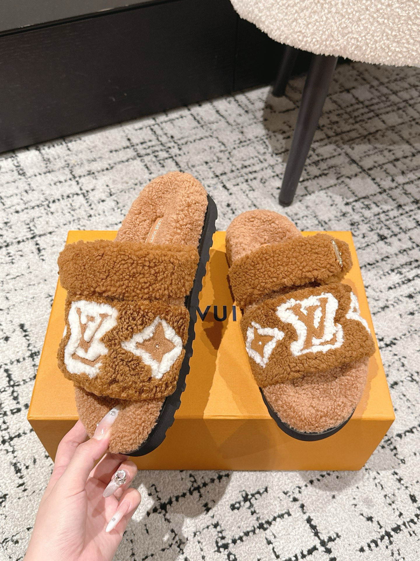 Louis Vuitton Monogram Shearling Comfort Slides in Camel Brown