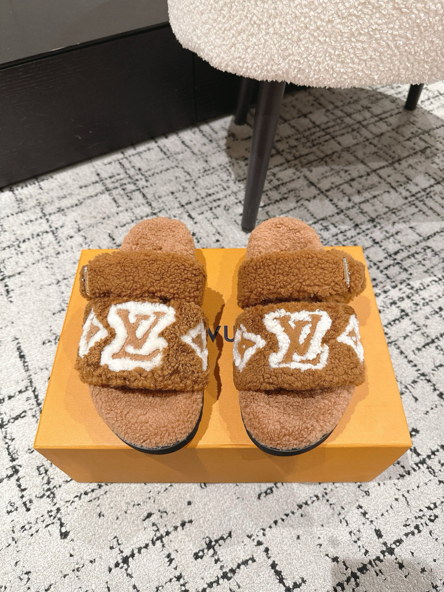 Louis Vuitton Monogram Shearling Comfort Slides in Camel Brown