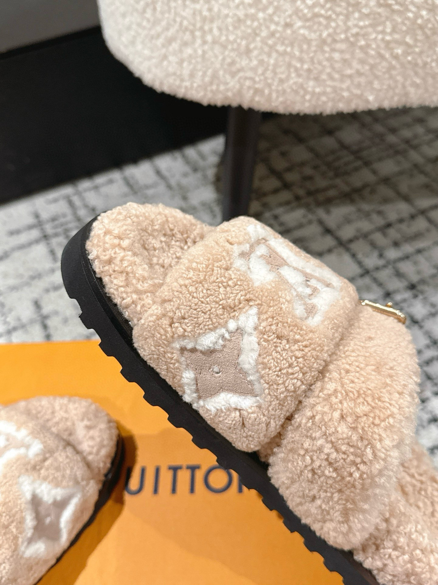 Louis Vuitton Shearling Comfort Mules - Beige Monogram Slides