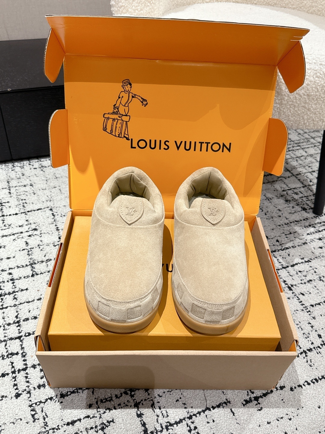 Louis Vuitton Suede Mules – Luxury Men’s Beige Slip-On Shoes