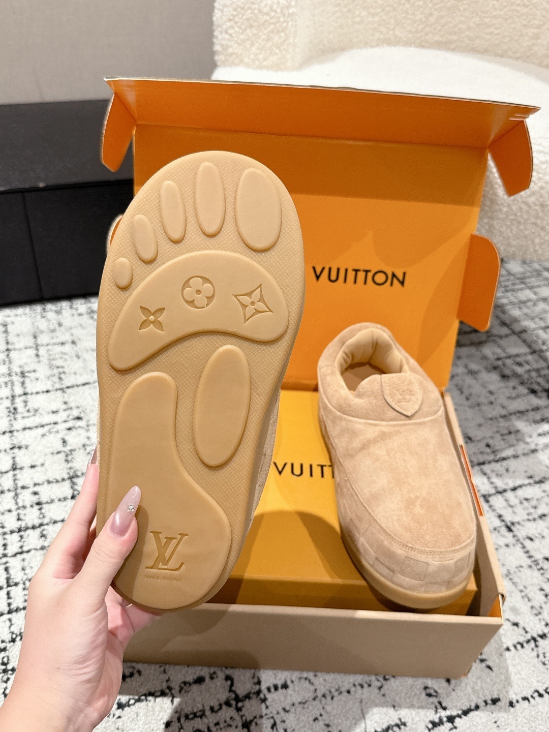 Louis Vuitton Tan Suede Damier Embossed Luxury Slippers