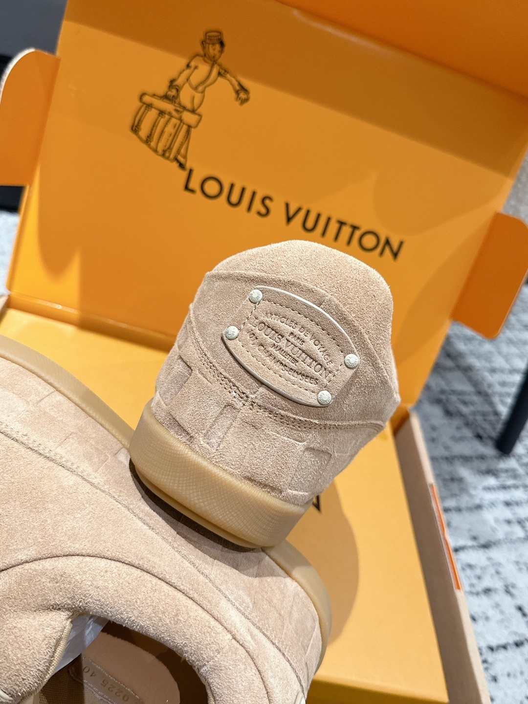 Louis Vuitton Tan Suede Damier Embossed Luxury Slippers