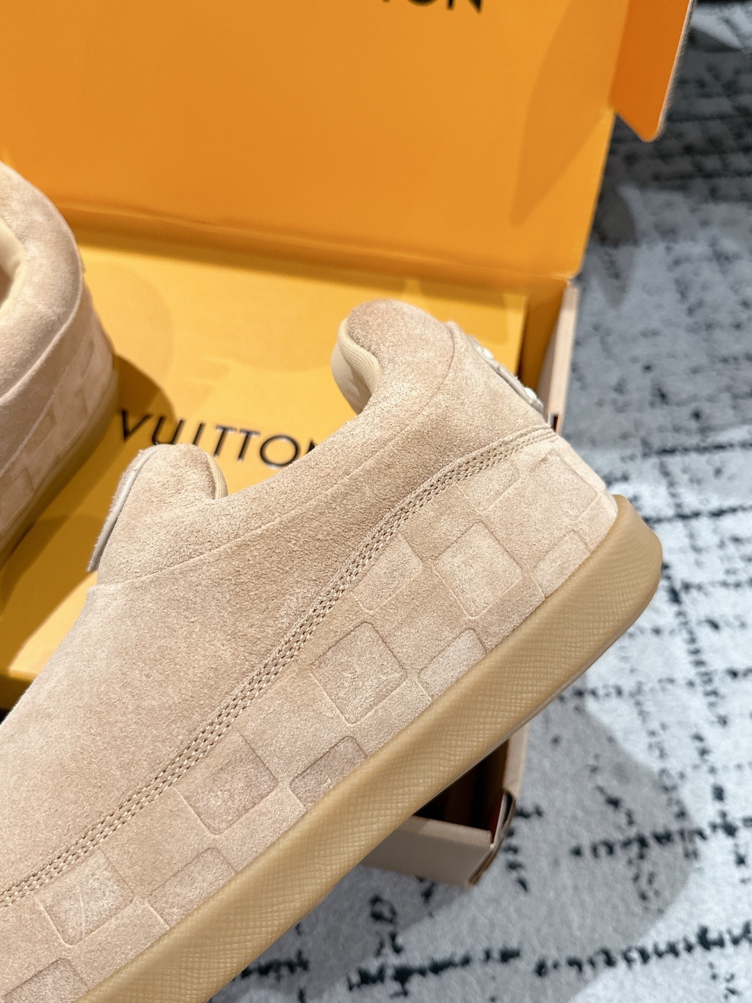 Louis Vuitton Tan Suede Damier Embossed Luxury Slippers