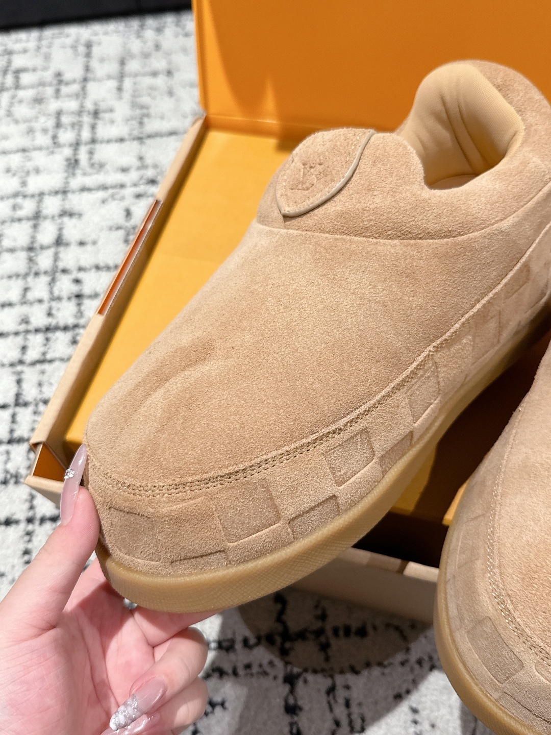 Louis Vuitton Tan Suede Damier Embossed Luxury Slippers