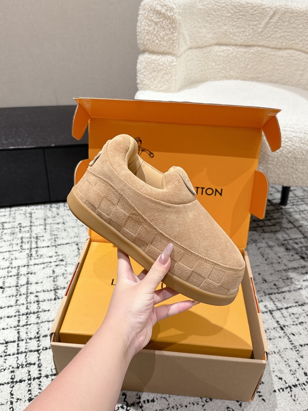 Louis Vuitton Tan Suede Damier Embossed Luxury Slippers