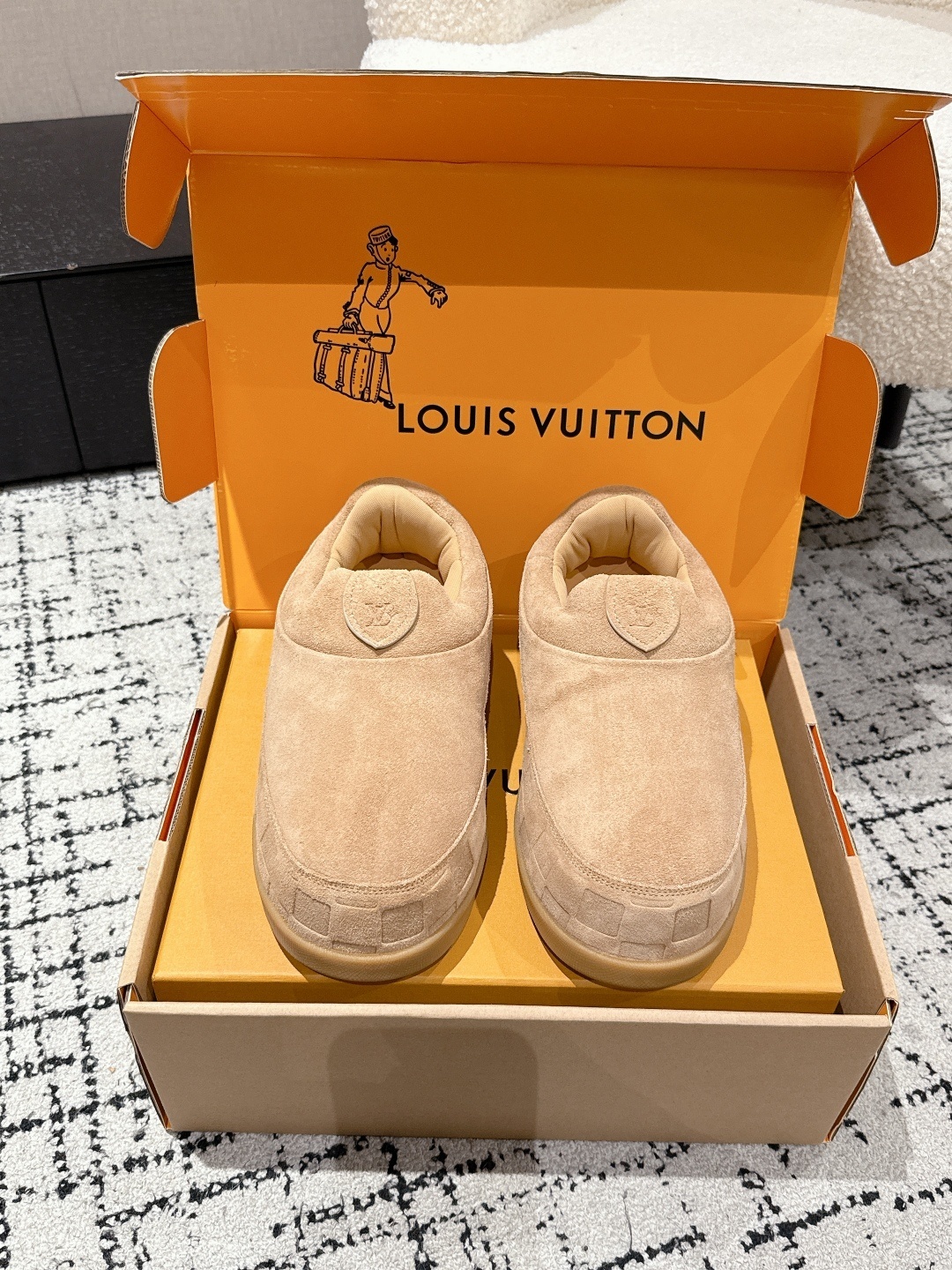 Louis Vuitton Tan Suede Damier Embossed Luxury Slippers