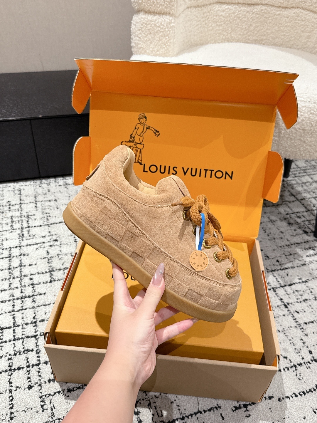 Louis Vuitton LV Skate Sneaker Beige Suede Damier Embossed