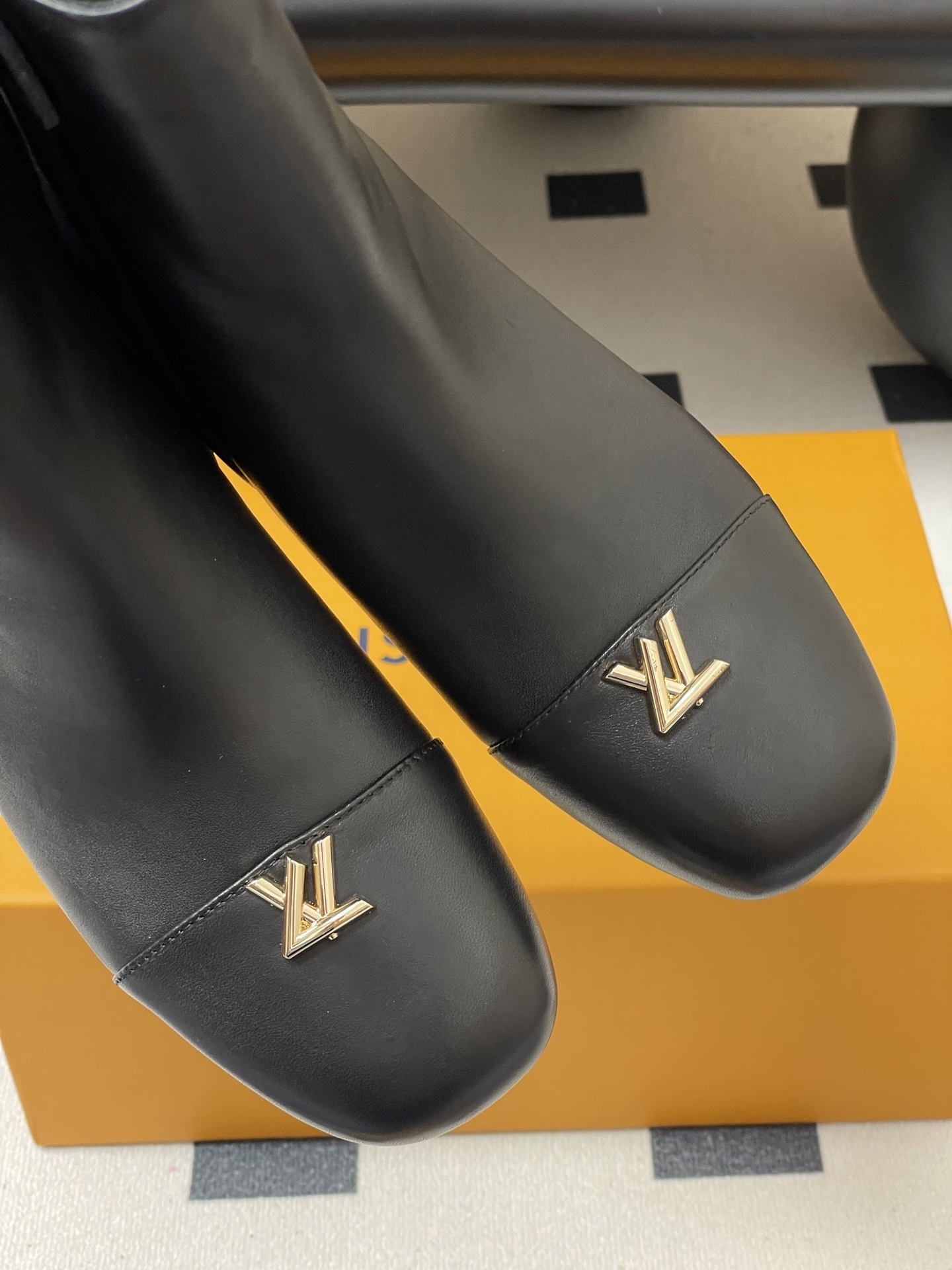 Louis Vuitton Black Leather Ankle Boots with Gold LV Logo & Block Heel