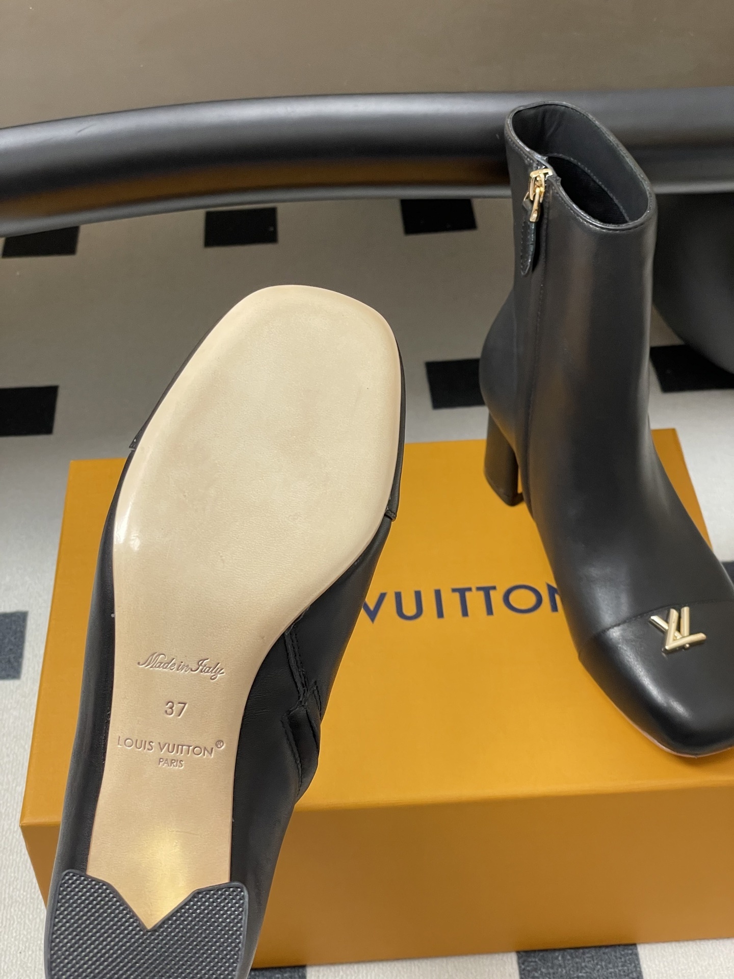 Louis Vuitton Black Leather Ankle Boots with Gold LV Logo & Block Heel