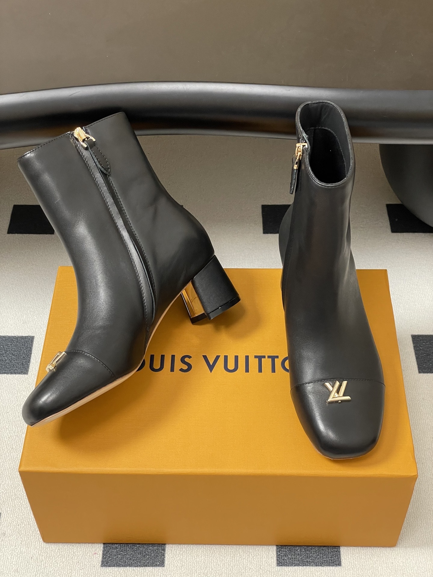 Louis Vuitton Black Leather Ankle Boots with Gold LV Logo & Block Heel