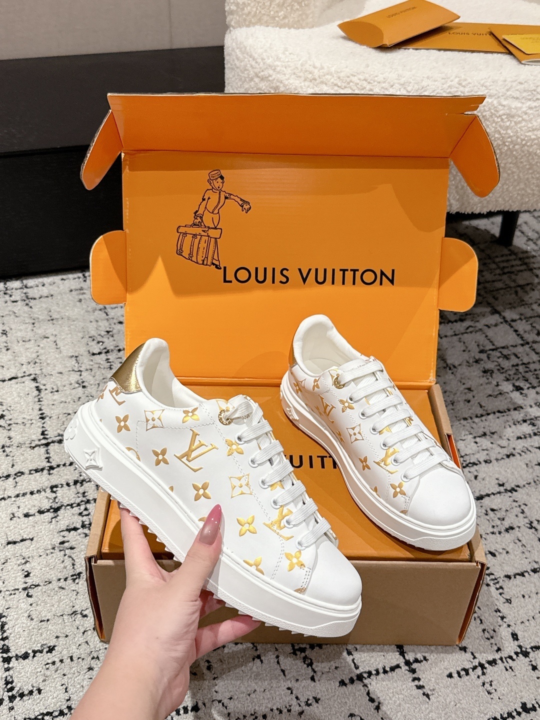 Louis Vuitton White & Gold Monogram Women's Low-Top Sneakers