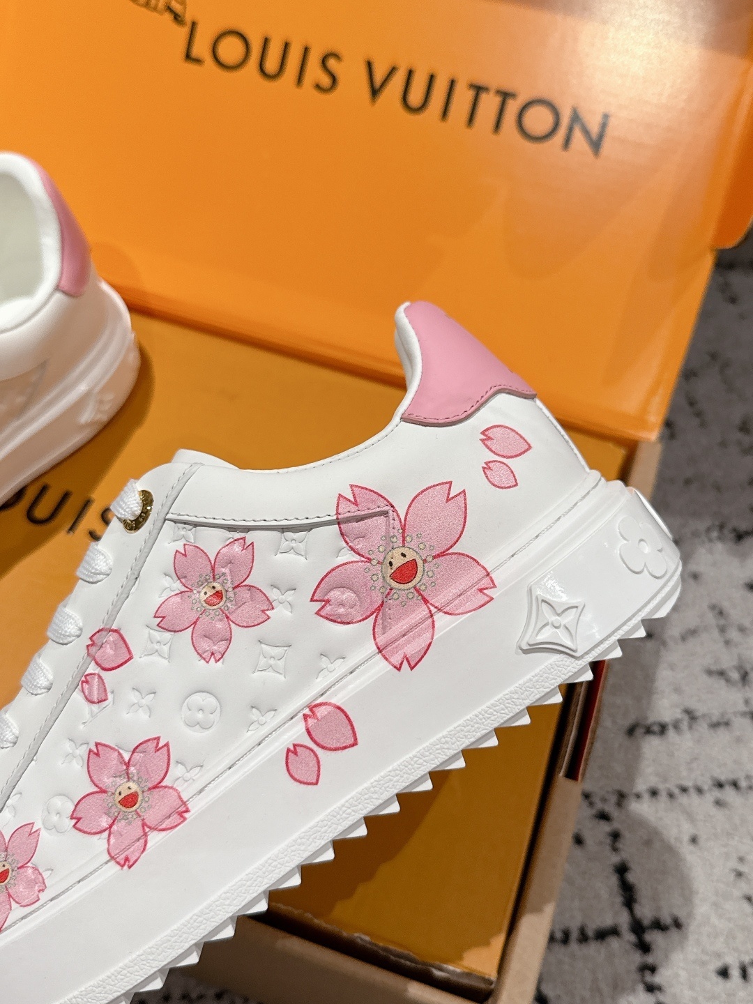 Louis Vuitton White Pink Floral Monogram Leather Women's Sneakers