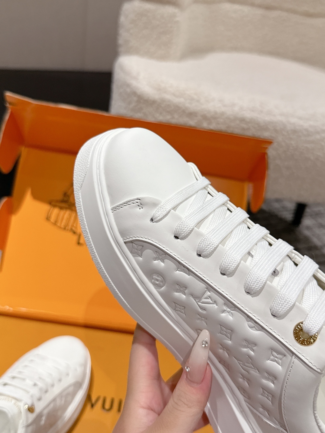 Louis Vuitton White Pink Floral Monogram Leather Women's Sneakers