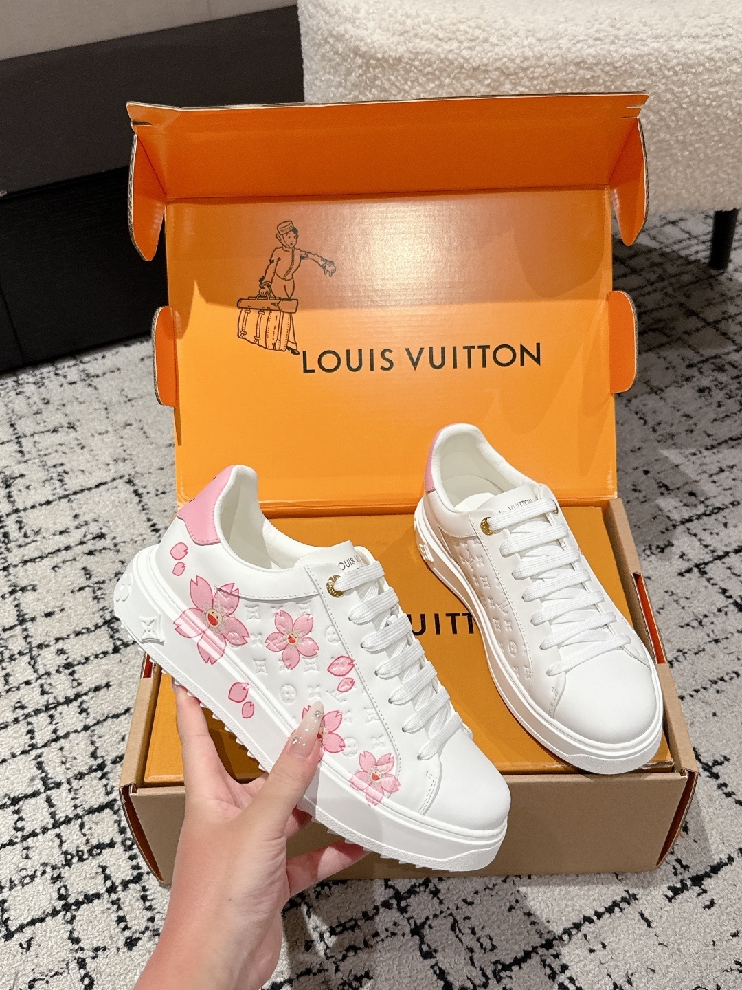 Louis Vuitton White Pink Floral Monogram Leather Women's Sneakers