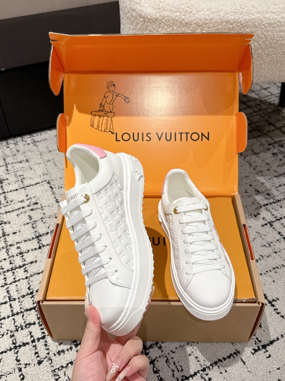 Louis Vuitton White Pink Floral Monogram Leather Women's Sneakers