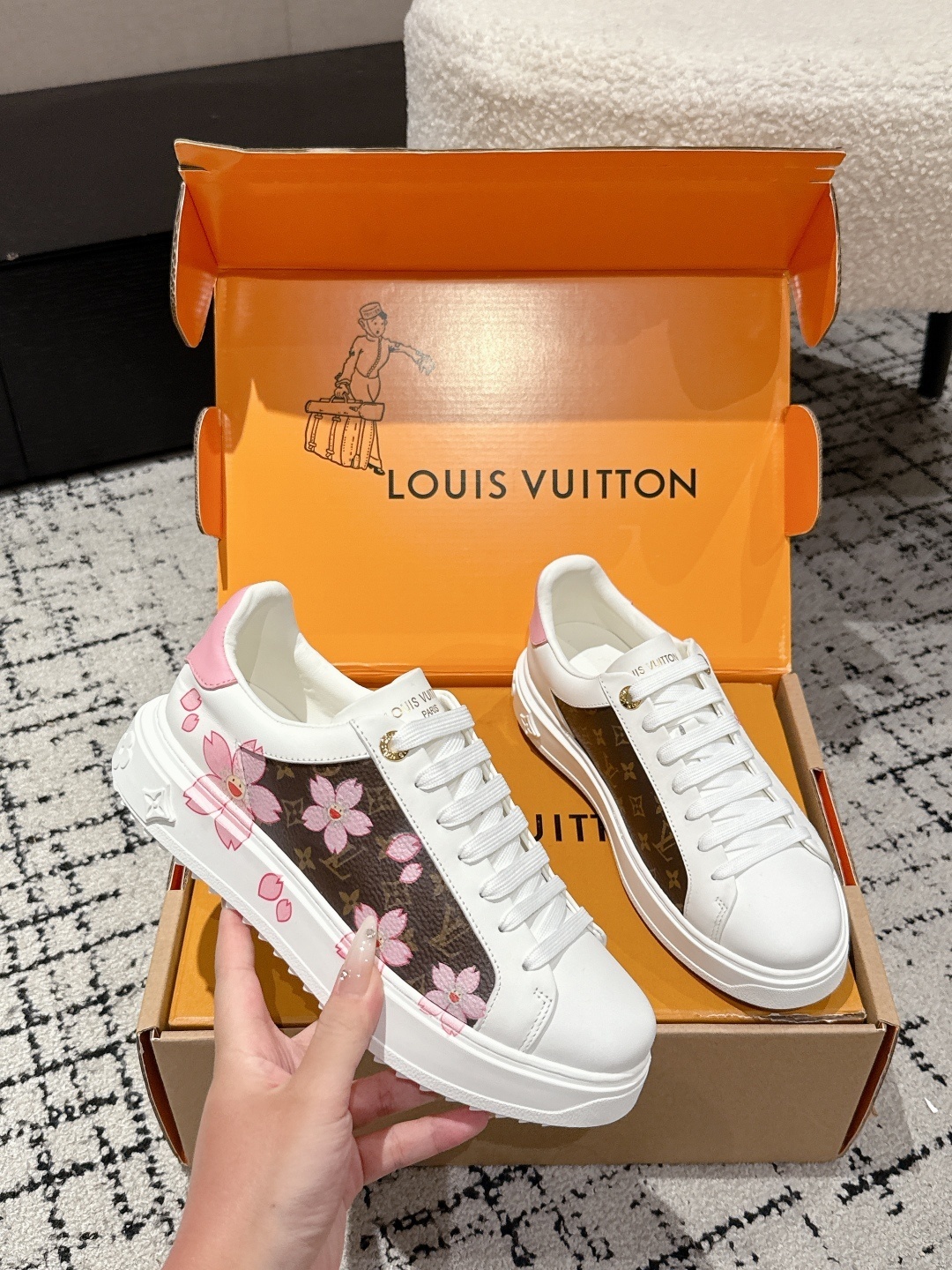 Louis Vuitton Women's White Monogram Pink Floral Leather Sneakers