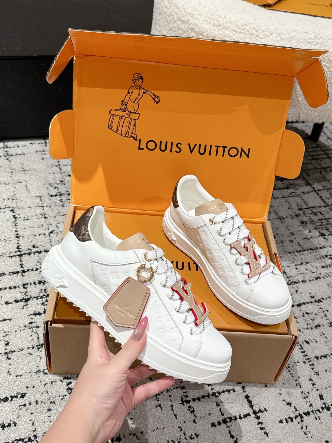 Louis Vuitton White Leather Monogram Sneakers with LV Lace Charm