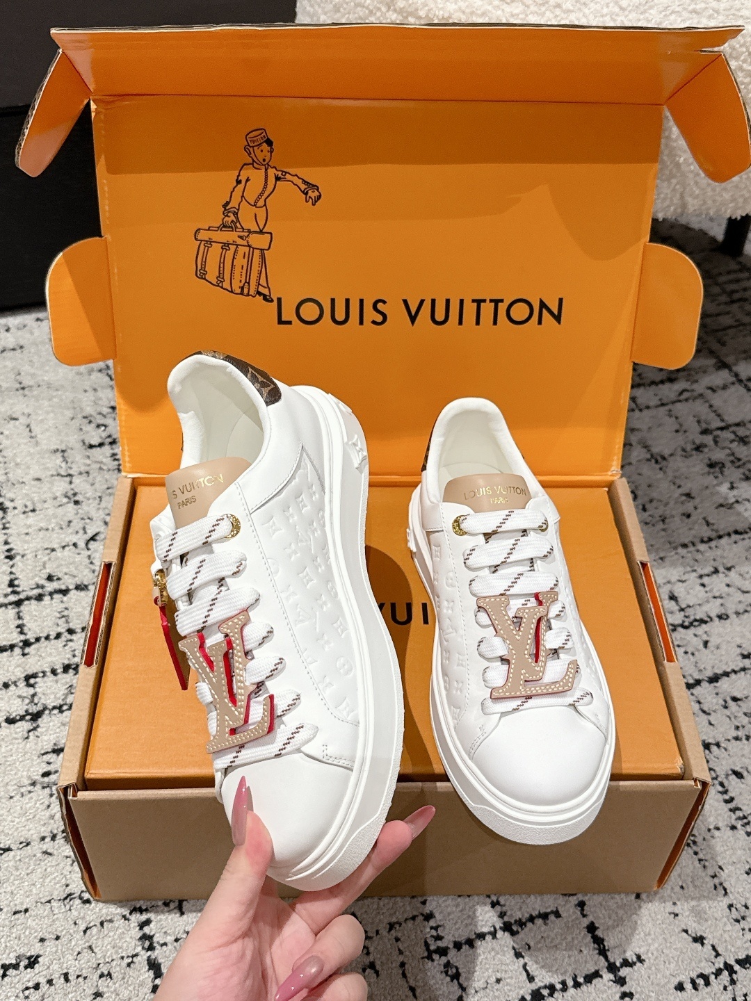 Louis Vuitton White Leather Monogram Sneakers with LV Lace Charm