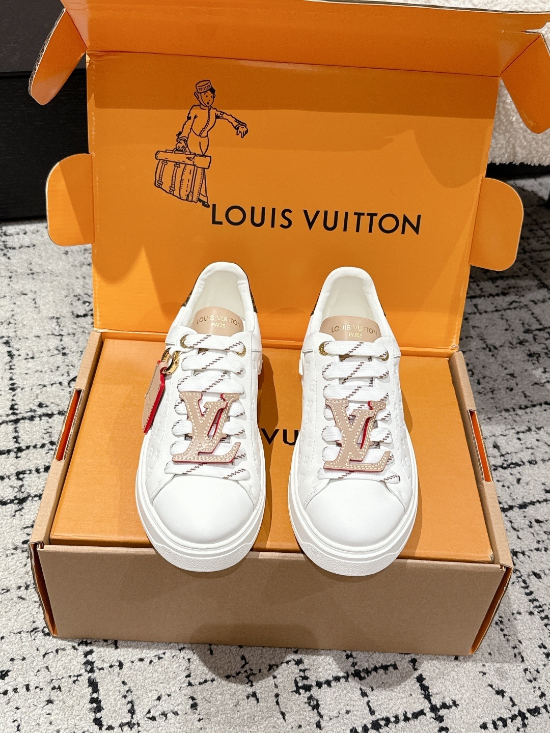 Louis Vuitton White Leather Monogram Sneakers with LV Lace Charm