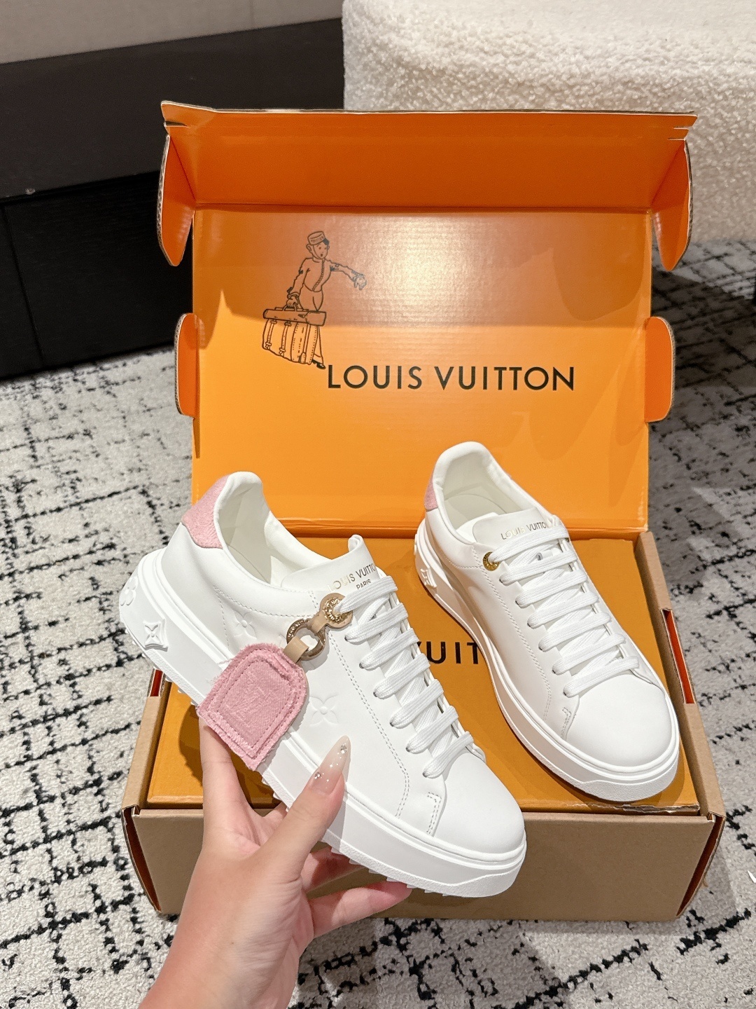 Louis Vuitton Women's Frontrow White Leather Sneakers - Pink Trim
