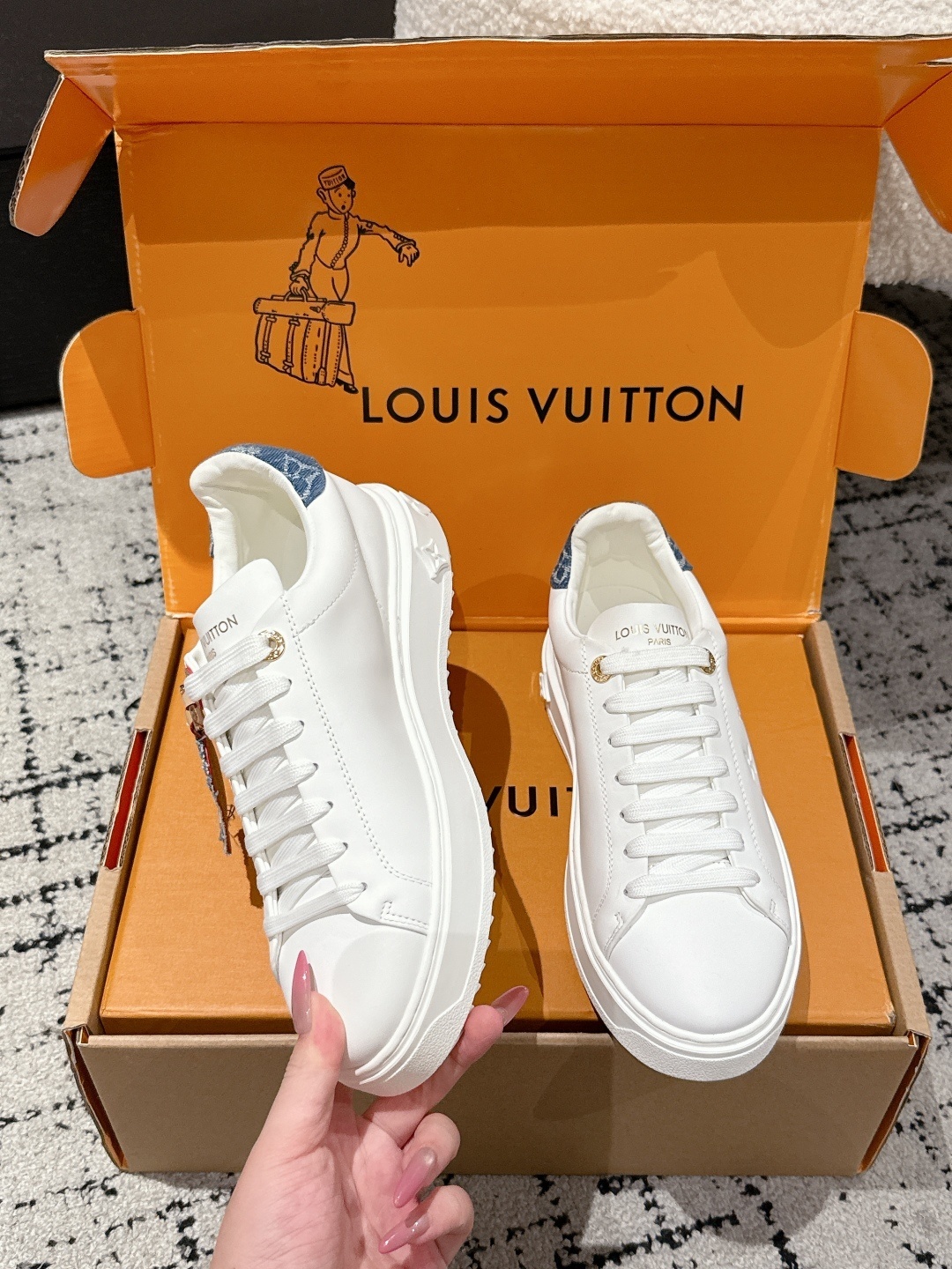 Louis Vuitton White Leather Low-Top Sneakers with Monogram Denim
