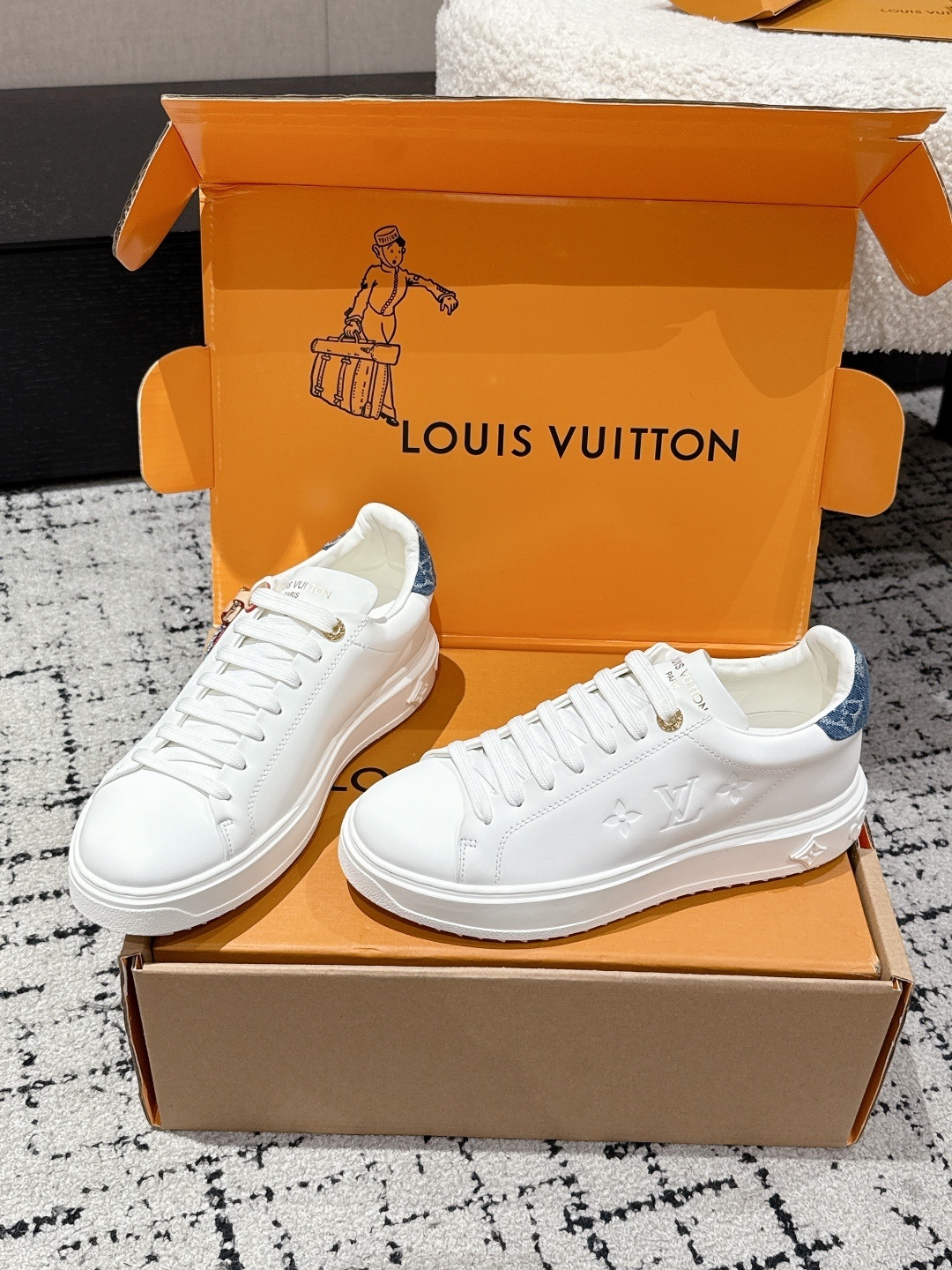 Louis Vuitton White Leather Low-Top Sneakers with Monogram Denim