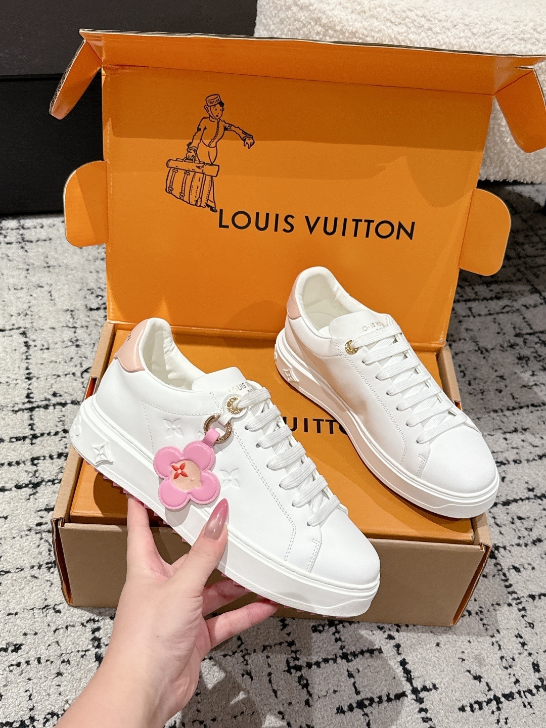 Louis Vuitton White Leather Sneakers with Pink Flower Detail