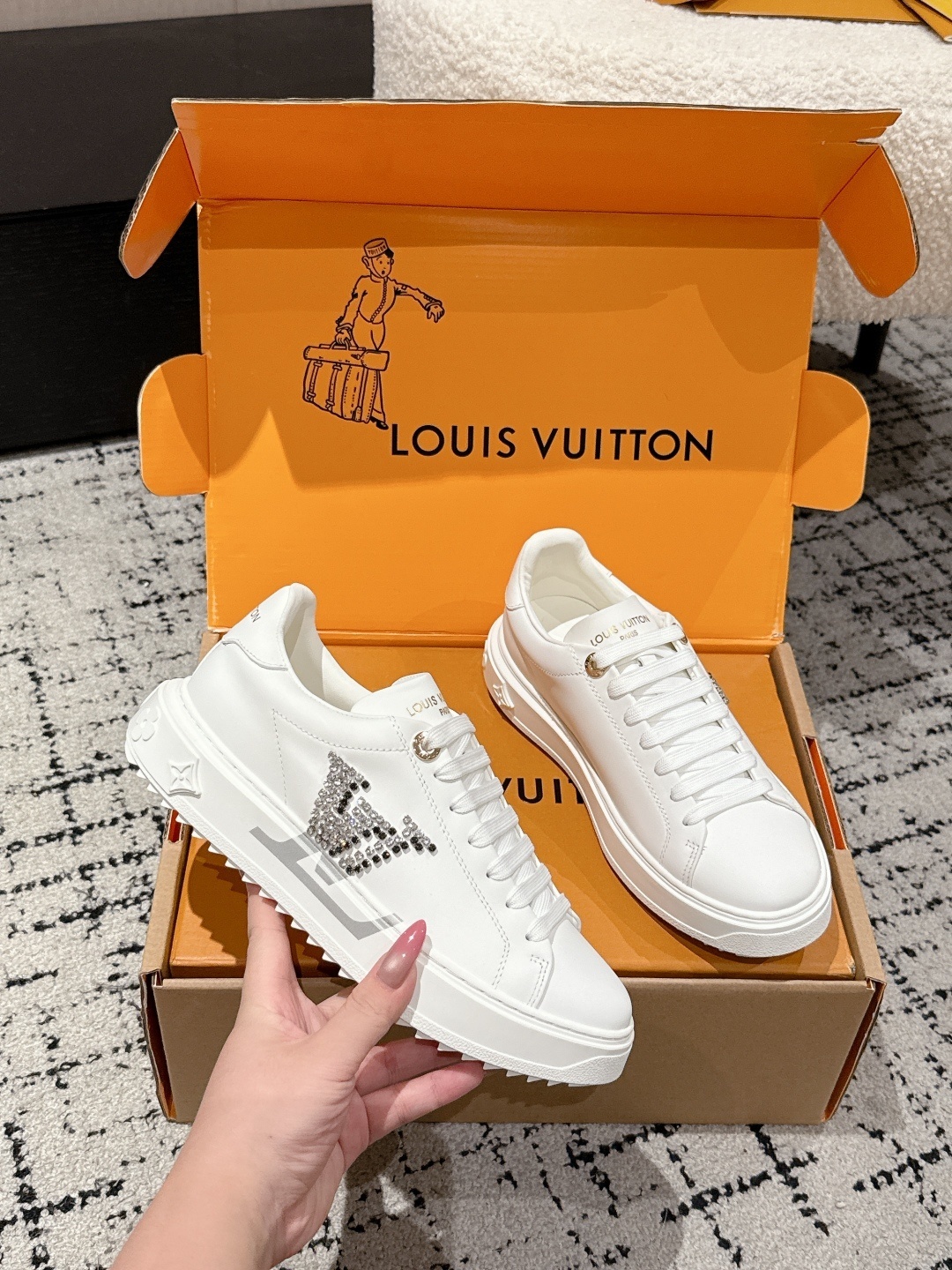 Louis Vuitton White Leather Sneakers with Crystal LV Logo