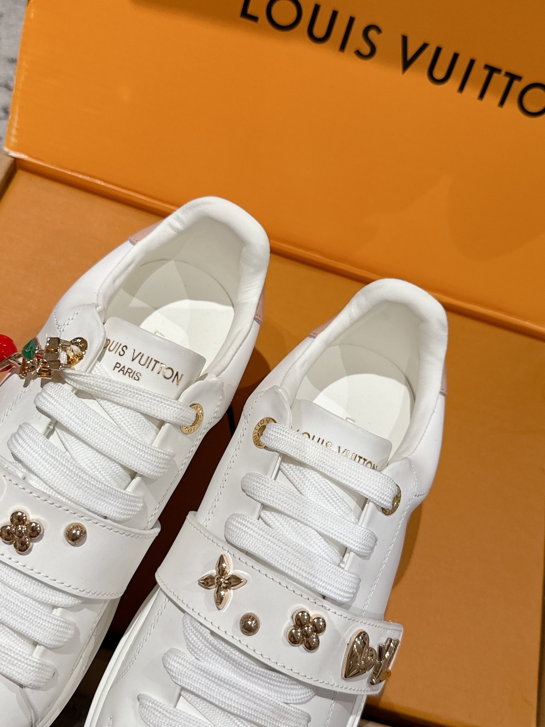 Louis Vuitton Women's White Leather Sneakers with Monogram Charms