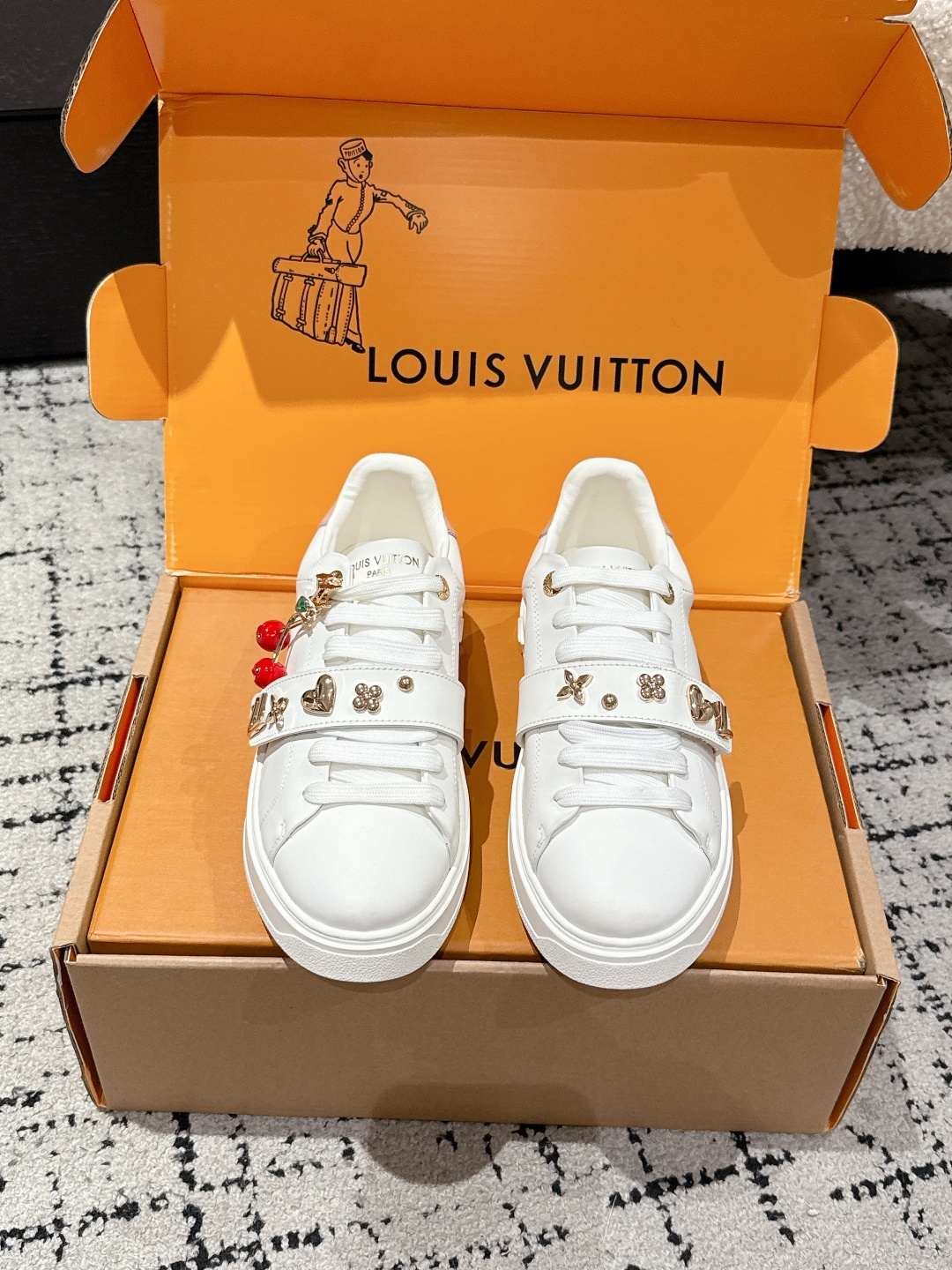 Louis Vuitton Women’s White Leather Sneakers with Monogram Charms