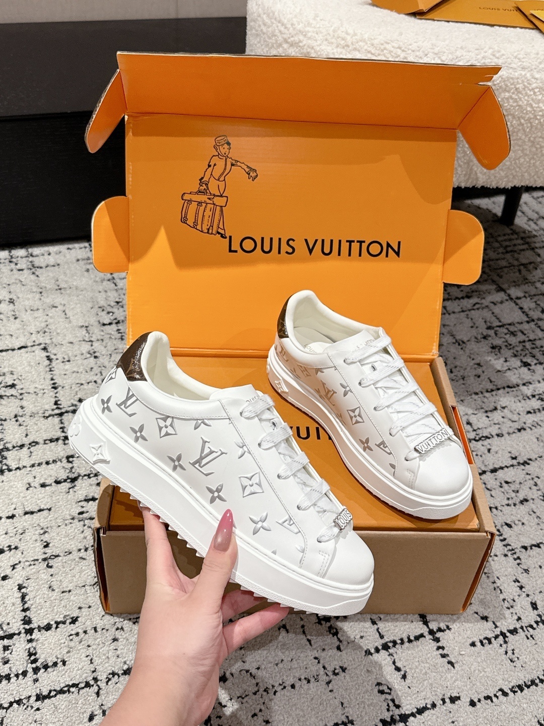 Louis Vuitton Time Out White Monogram Sneakers with Lace Charms