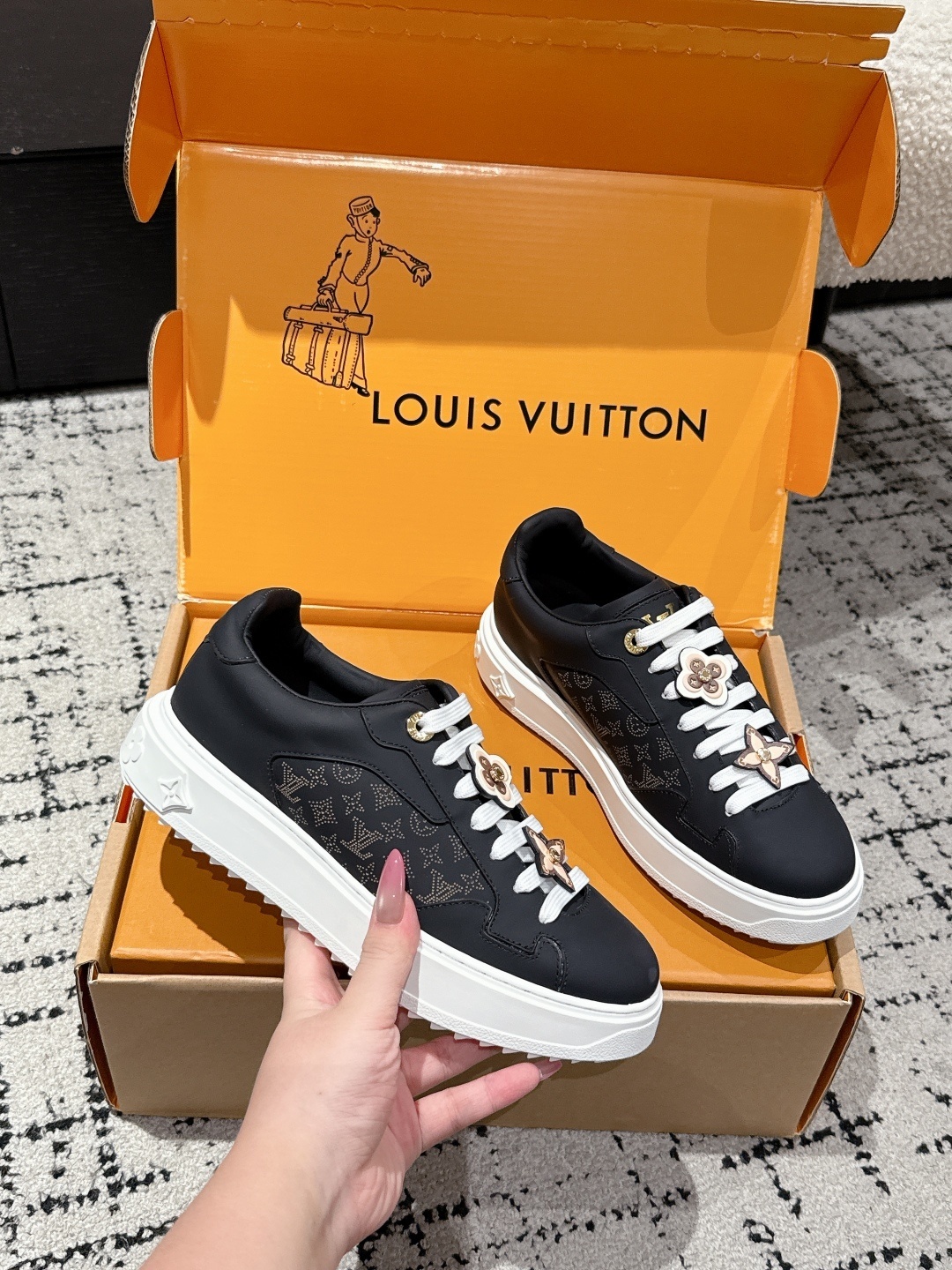 Louis Vuitton Monogram Black Sneakers with Luxury Flower Charms