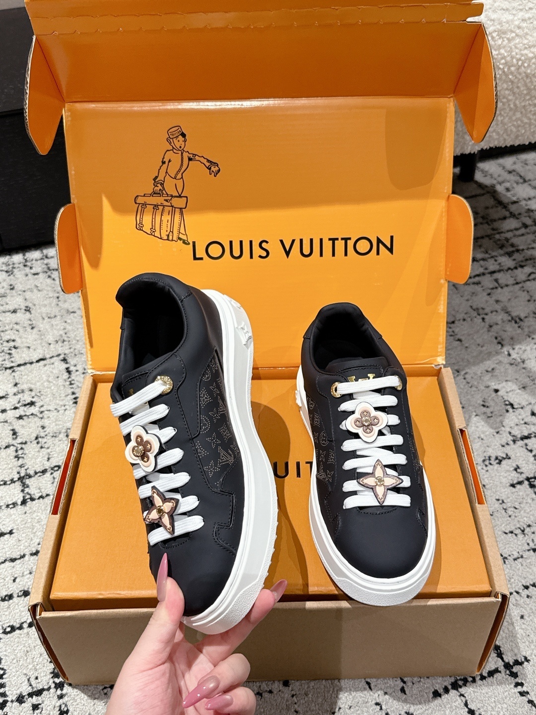 Louis Vuitton Monogram Black Sneakers with Luxury Flower Charms