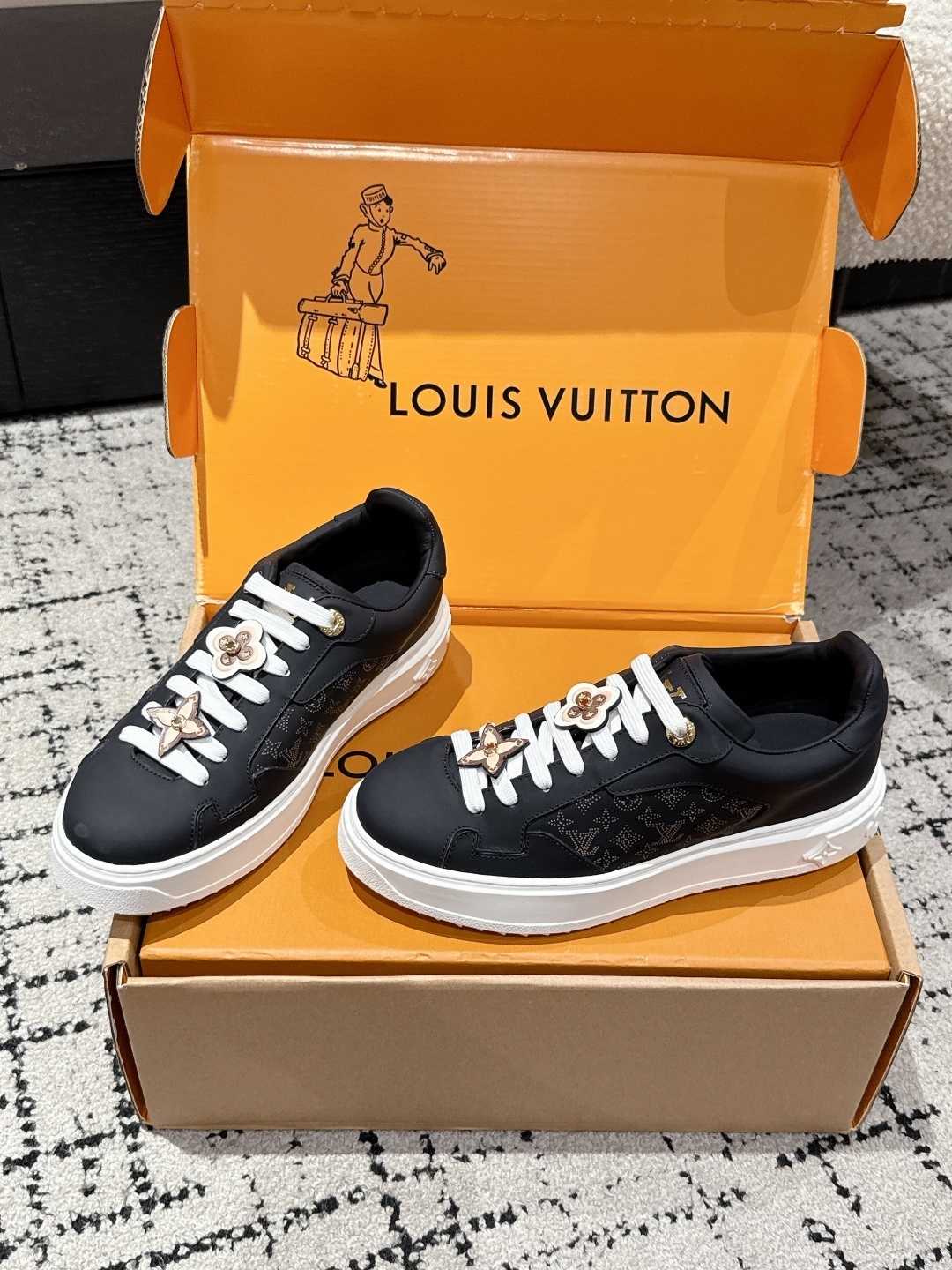 Louis Vuitton Monogram Black Sneakers with Luxury Flower Charms
