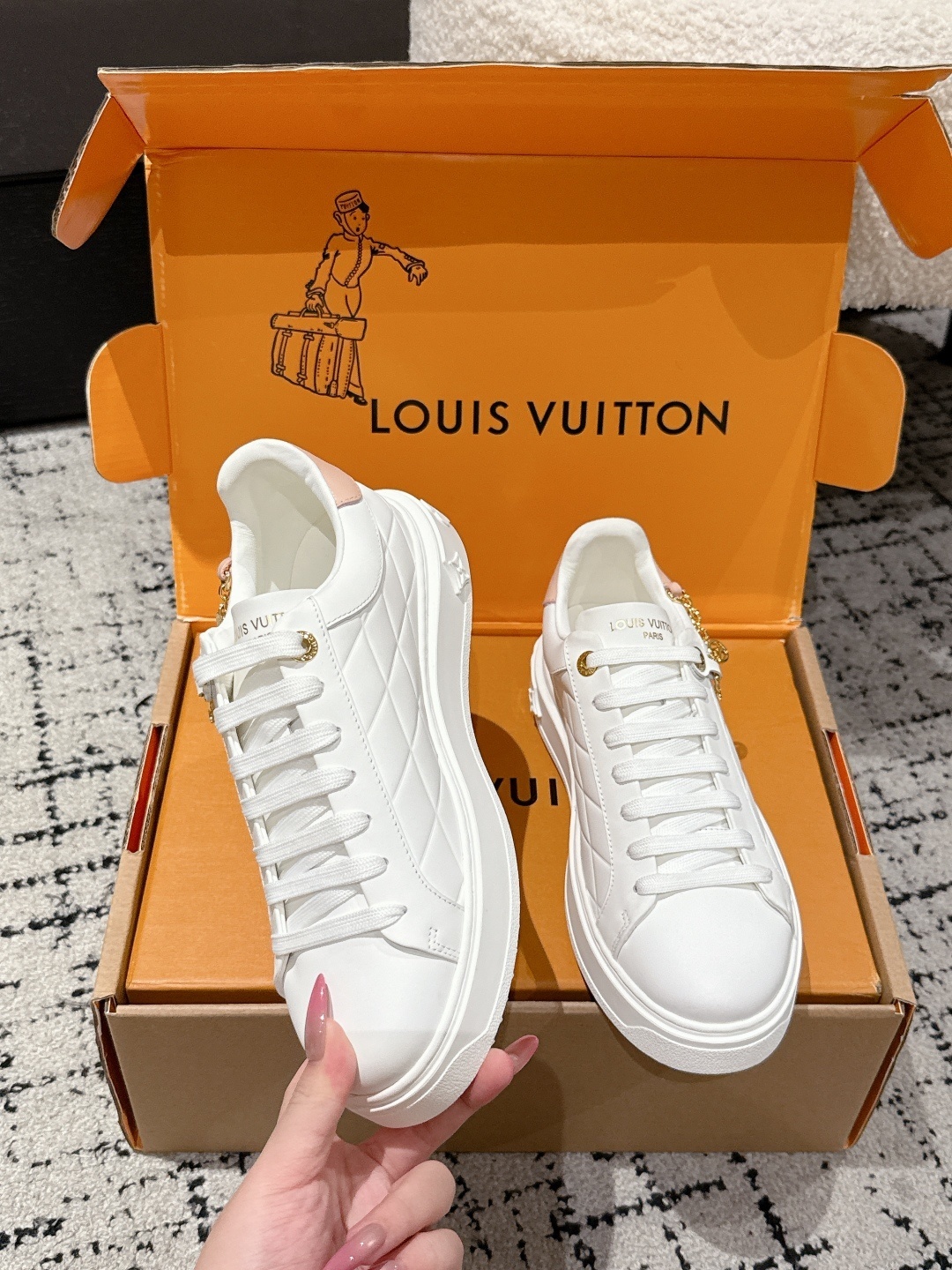 Louis Vuitton White Leather Women's Sneakers with Gold Chain Details