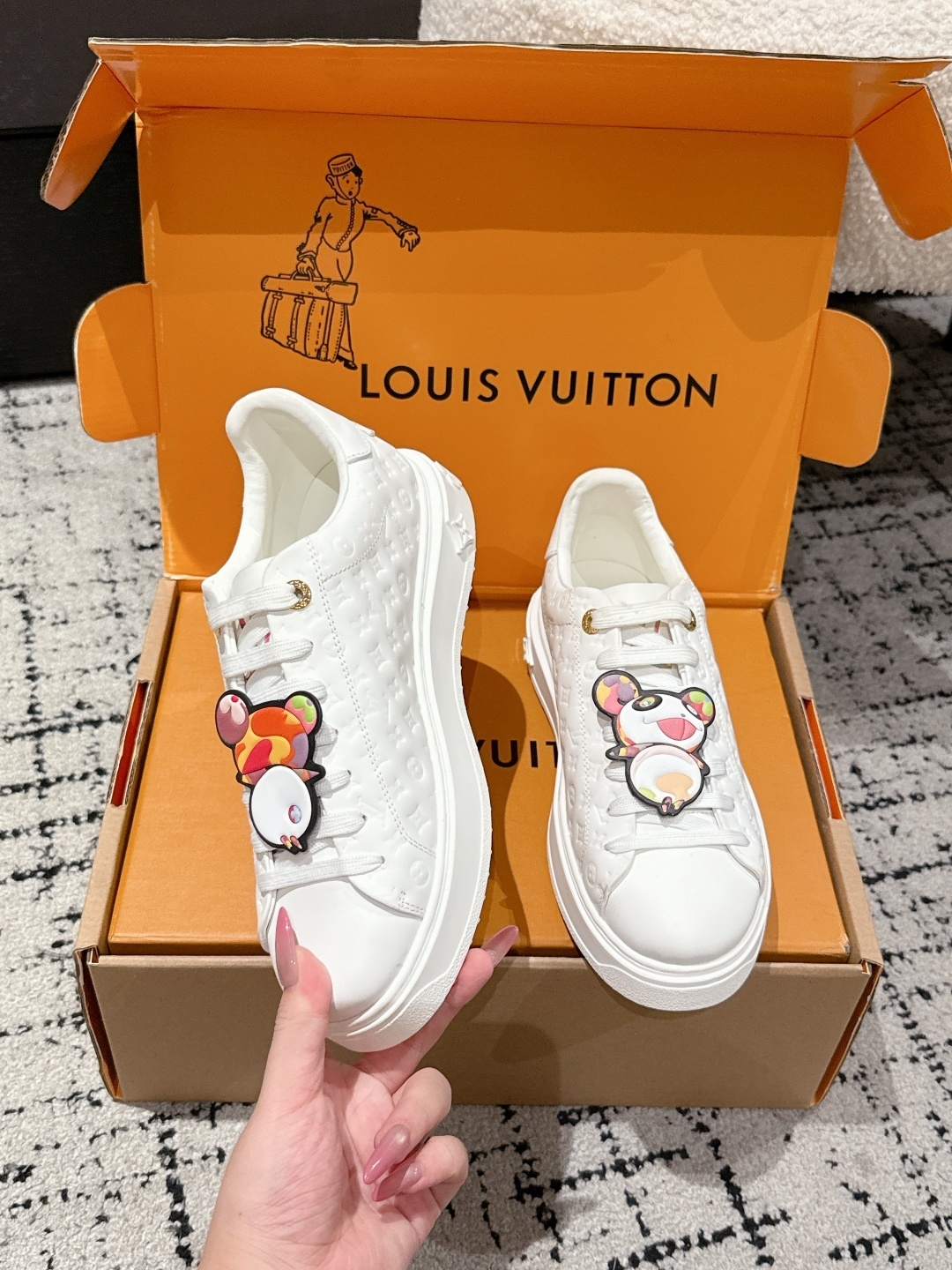 Louis Vuitton White Monogram Leather Sneakers with Cartoon Charms