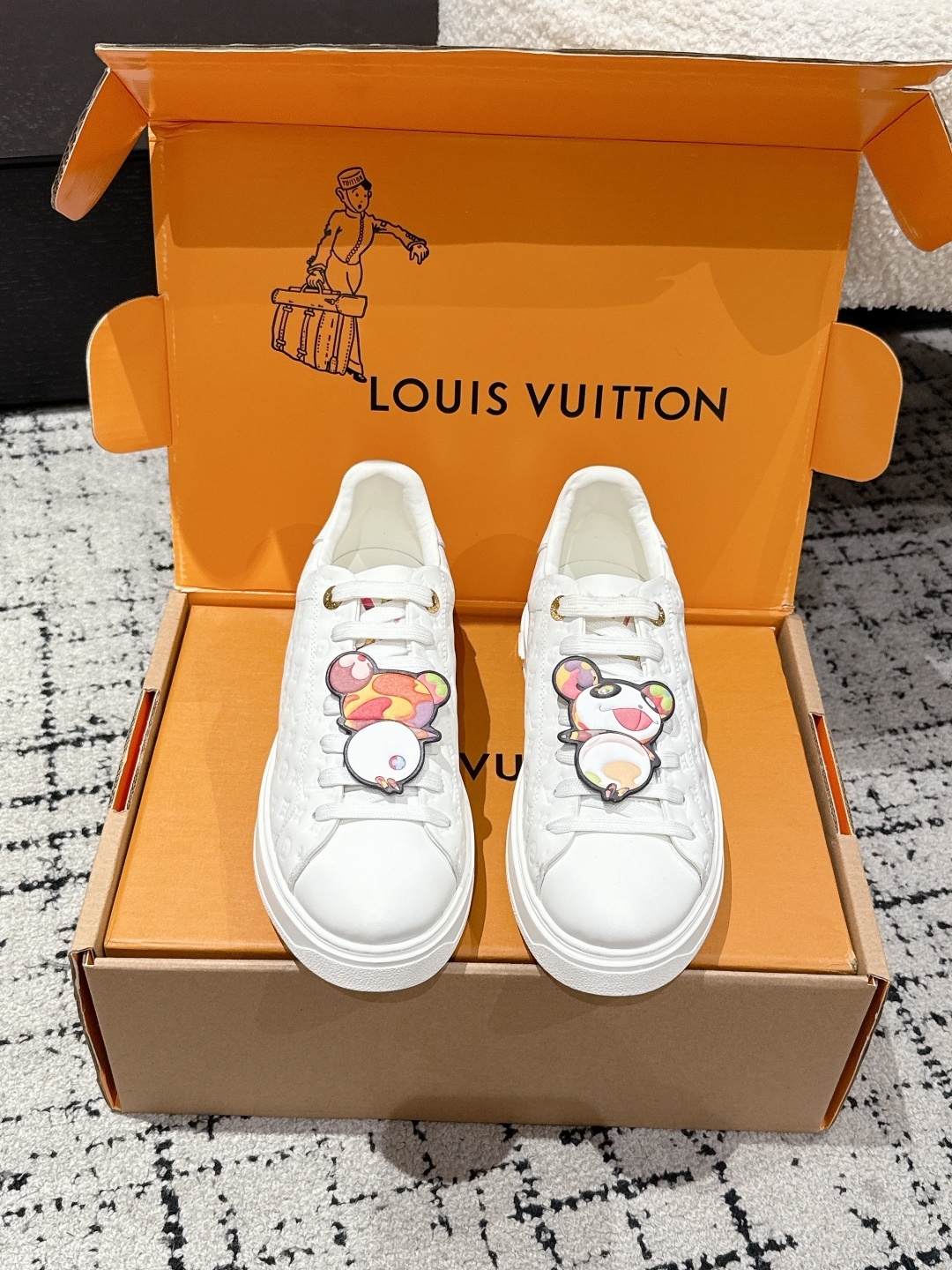 Louis Vuitton White Monogram Leather Sneakers with Cartoon Charms