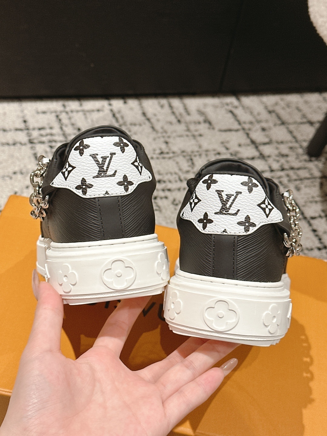 Louis Vuitton Black Leather Sneakers with Chain Detail - Luxury Shoes