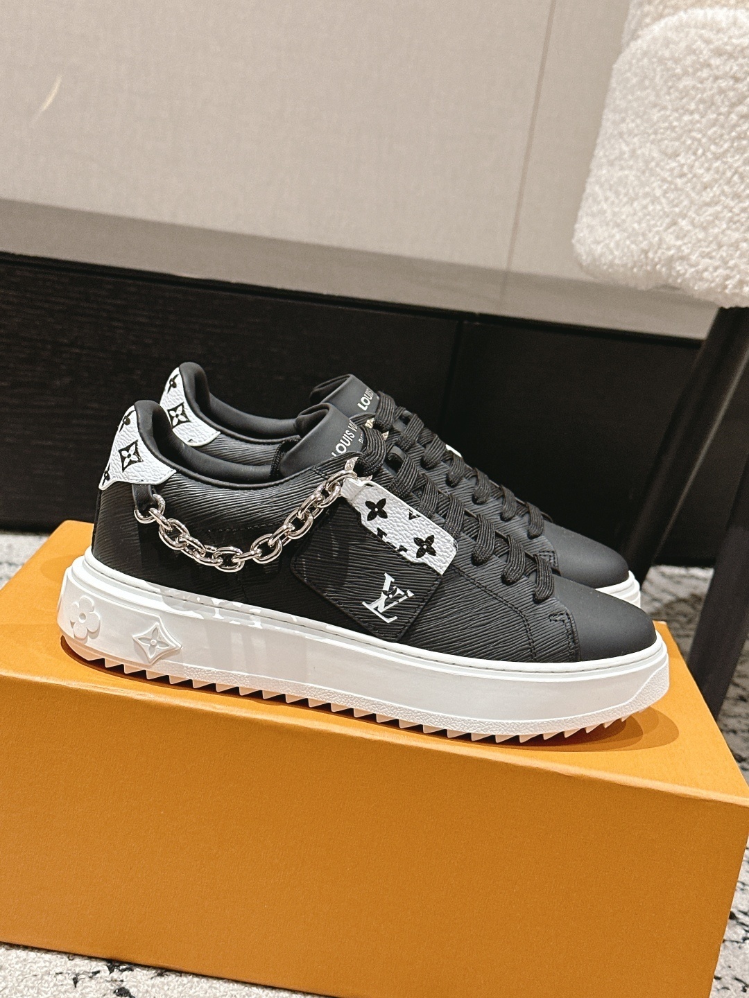 Louis Vuitton Black Leather Sneakers with Chain Detail - Luxury Shoes