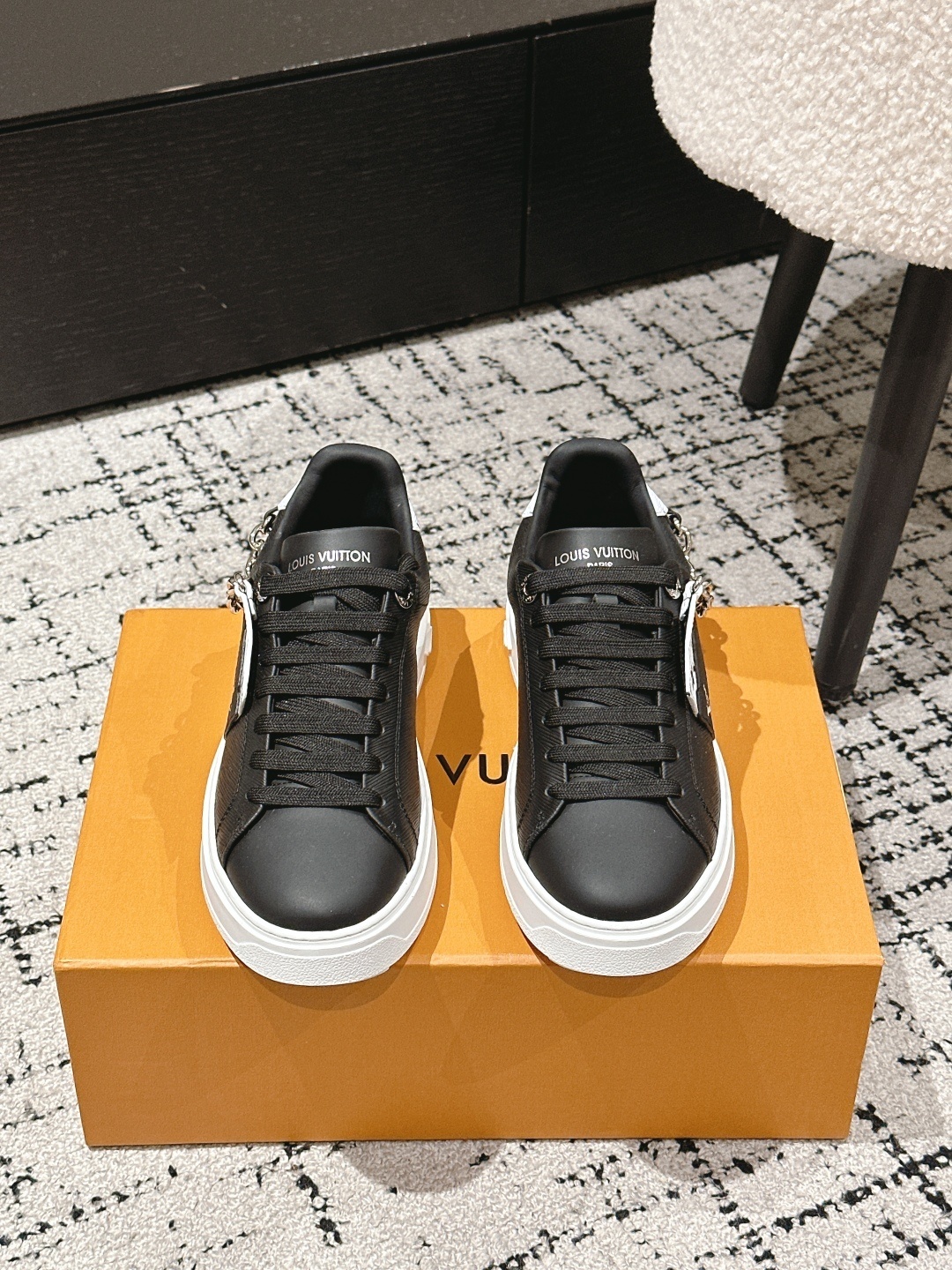 Louis Vuitton Black Leather Sneakers with Chain Detail – Luxury Shoes